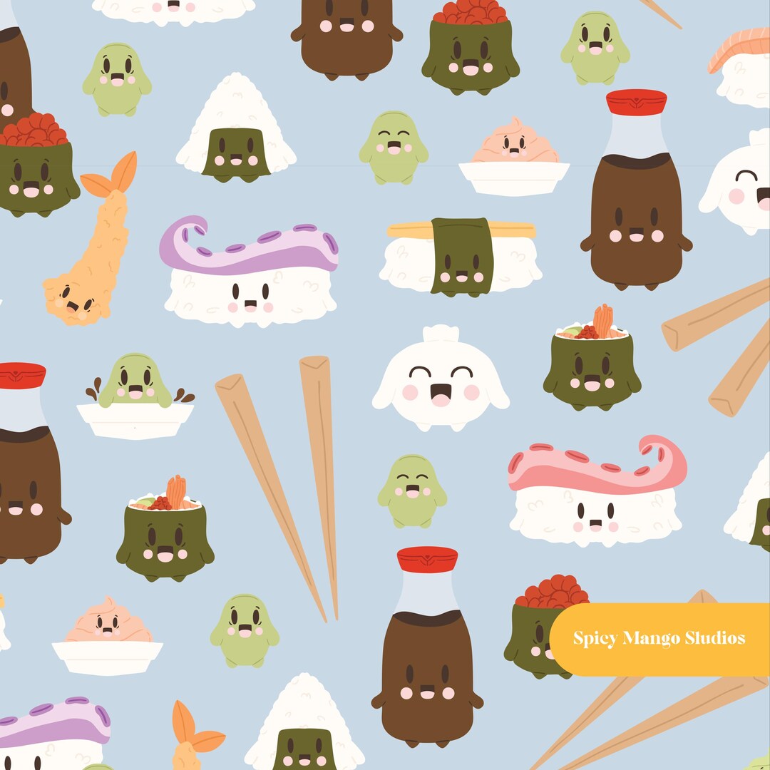 Kawaii Sushi Seamless Pattern in Dusty Blue - Etsy