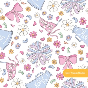 May include: A seamless pattern featuring cheerleading and school spirit themed illustrations. The pattern includes pom-poms, megaphones, bows, flowers, and flags with the text "Go Team!" in pink and blue colours.
