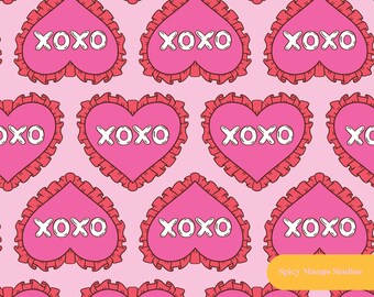 May include: A repeating pattern featuring bright pink heart-shaped icons with ruffled edges on a light pink background. Each heart contains the white text XOXO in a bold, rounded font. A yellow rectangular label displays Spicy Mango Studios.