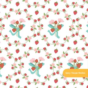 May include: A seamless pattern featuring a repeating design of red strawberries, pink flowers, and green vines. The strawberries are arranged in bouquets tied with blue ribbons. The text "Spicy Mango Studios" appears in the bottom right corner of the pattern.