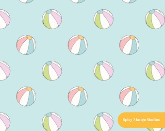 May include: A repeating pattern of illustrated beach balls on a light blue background. Each beach ball features segments in pink, light green, white, and light blue with a yellow circular top. The text Spicy Mango Studios appears in white.