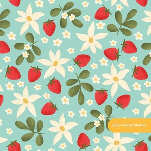 May include: A repeating pattern on a light blue background featuring red strawberries, white flowers with yellow centers, and green leaves. The text Spicy Mango Studios is printed in white on a yellow rectangle in the bottom right corner.