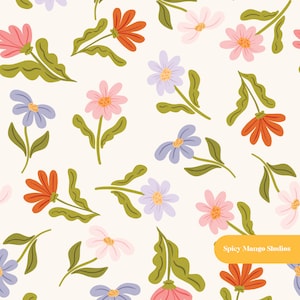 Spring Floral Seamless Pattern, Neutral Nursery Fabric, Digital Paper Instant Download