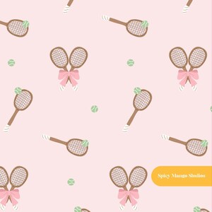 May include: A repeating pattern on a light pink background featuring brown tennis rackets, small green tennis balls, and pairs of crossed tennis rackets tied together with light pink bows. The text Spicy Mango Studios appears in white.