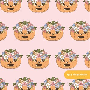 Flower Crown Pumpkin Seamless Pattern in Pink