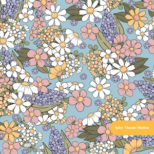 Estampado floral sin costuras en tonos otoñales, tela azul empolvado para habitación infantil, papel digital de descarga instantánea.