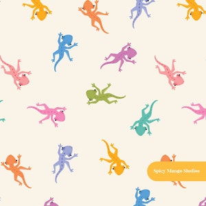 May include: A seamless pattern featuring colorful cartoon lizards in various poses on a light yellow background. The lizards are in shades of blue, green, orange, pink, and purple. The text "Spicy Mango Studios" appears in a yellow banner at the bottom of the image.