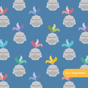 May include: A seamless pattern featuring a repeating design of silver knight helmets with various colored feathers on top. The background is a solid blue color. The text "Spicy Mango Studios" appears in the bottom right corner of the image.