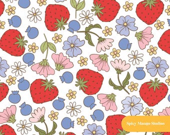 May include: A repeating pattern on a white background featuring red strawberries with green stems, light blue berries, pink flowers, and small yellow blossoms. A yellow rectangular label in the bottom right corner reads Spicy Mango Studios.