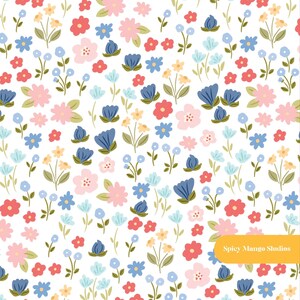 May include: A white fabric pattern featuring a repeating floral design with small flowers in shades of pink, red, light blue, dark blue, and yellow with green stems and leaves. A yellow rectangular label displays the text Spicy Mango Studios.