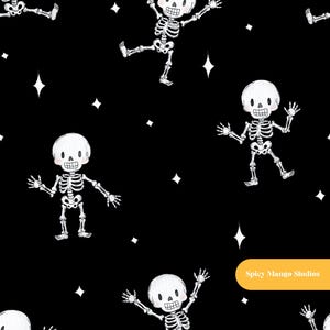 Motif sans couture de squelette dansant, tissu noir pour chambre d'enfant sur le thème d'Halloween, téléchargement numérique instantané.