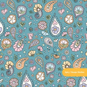 Whimsical Paisley Seamless Pattern in Aquamarine