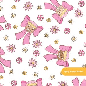Patrón sin costuras de lazo navideño, tela blanca para habitación infantil, papel digital de descarga instantánea.