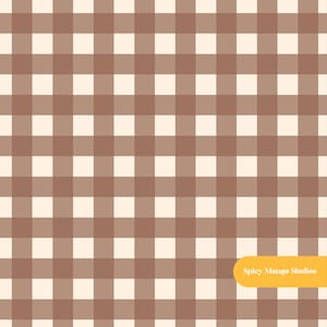 May include: A repeating gingham pattern featuring intersecting horizontal and vertical lines in light brown and cream. In the bottom right corner, a yellow rounded rectangular label displays the white text Spicy Mango Studios.