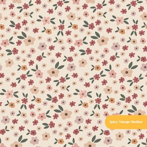 May include: A repeating pattern on a cream background featuring small flowers in shades of dusty rose, muted red, and soft orange, interspersed with dark green leaves. A yellow rectangular label in the bottom right corner reads Spicy Mango Studios.