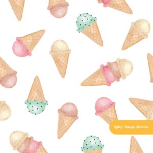 Pastel Watercolor Ice Cream Seamless Pattern in White