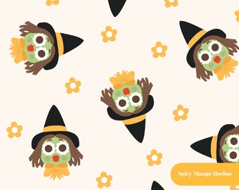 Nahtloses Hexen-Halloween-Muster, gelber Kinderzimmerstoff, digitales Papier zum sofortigen Download