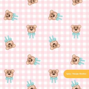 May include: A repeating pattern of brown teddy bear heads with light blue bows on a white and light pink checkered background. The bears are oriented in various directions. A yellow rectangular label in the bottom right corner reads Spicy Mango Studios.