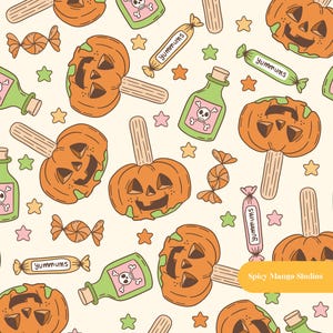 May include: A seamless pattern featuring a variety of Halloween-themed illustrations, including jack-o'-lantern lollipops, candy, potion bottles, and stars. The background is a light cream color. The text "YUMMUMS" appears on several of the candy wrappers. The text "Spicy Mango Studios" appears in the bottom right corner.
