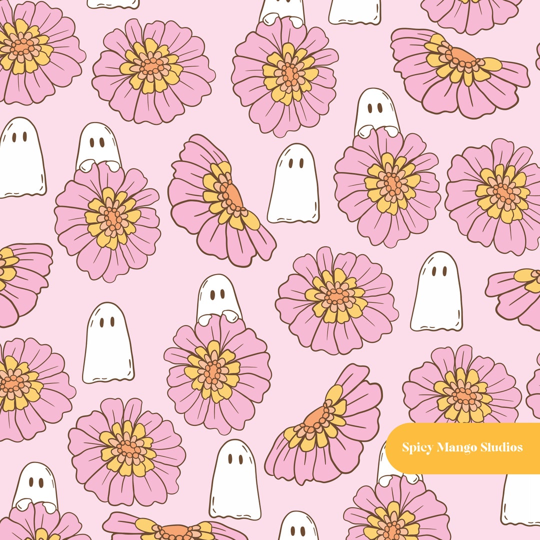 Ghostly Floral Halloween Seamless Pattern in Pink - Etsy