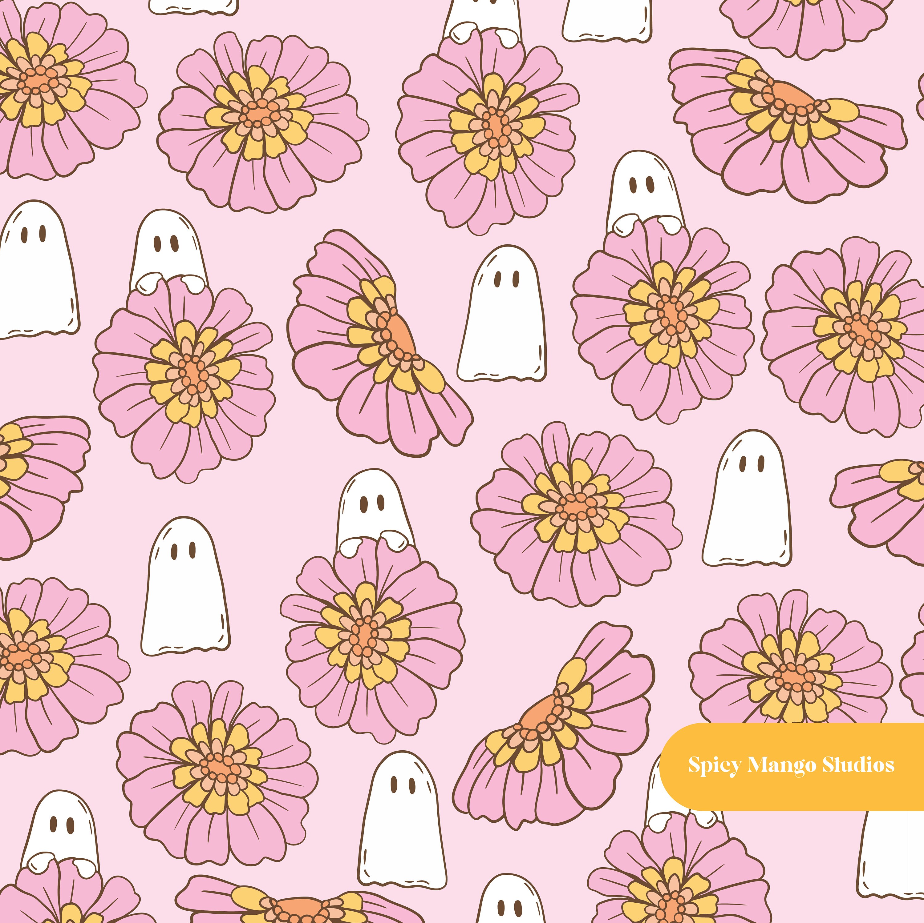Ghostly Floral Halloween Seamless Pattern in Pink - Etsy