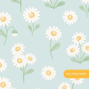 May include: A light blue background featuring a repeating pattern of white daisies with yellow centres and green stems and leaves. A yellow rectangular label in the bottom right corner contains the white text Spicy Mango Studios.