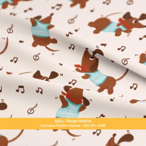 Estampa sem costura de dachshunds dançantes, tecido neutro para quarto de bebê, download instantâneo em papel digital.