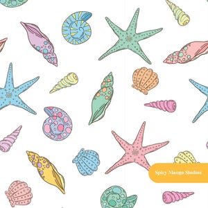 May include: A repeating pattern of various seashells and starfish in pastel shades of pink, blue, yellow, and green on a white background. The illustration includes spiral shells, bivalves, and five-pointed starfish. Text reads Spicy Mango Studios.