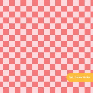 May include: A repeating chequered pattern consisting of alternating light pink and coral red squares. In the bottom right corner, there is a rounded yellow rectangular label containing the white text Spicy Mango Studios.