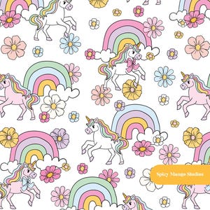 May include: A repeating pattern of unicorns, rainbows, flowers, and clouds on a white background. The unicorns have colorful manes and horns. The rainbows are pastel colors. The flowers are pink, yellow, and blue.