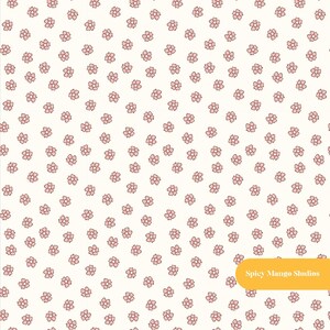 May include: A repeating pattern of small, five-petaled pink flowers with dark outlines on a cream-colored background. In the bottom right corner, there is a yellow rectangular label with the white text Spicy Mango Studios printed on it.