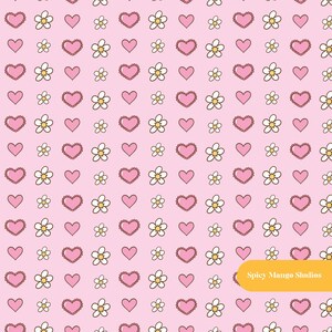 Daisy Hearts Seamless Pattern, Pink Nursery Fabric, Digital Paper Instant Download