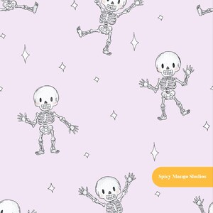 Nahtloses Muster „Tanzendes Skelett“, Lavendelfarbener Halloween-Kinderzimmerstoff, Digitalpapier zum sofortigen Download