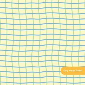 Puede incluir: Un fondo amarillo pálido con un patrón de cuadrícula de líneas horizontales azules onduladas y líneas verticales de color verde claro rectas. En la esquina inferior derecha, un rectángulo naranja redondeado contiene el texto blanco Spicy Mango Studios.