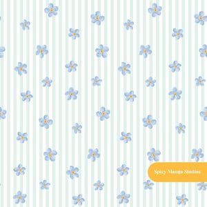 May include: A repeating pattern of small, light blue five-petalled flowers with yellow centres scattered across a background of vertical white and pale mint green stripes. A yellow rectangular label in the corner reads Spicy Mango Studios.
