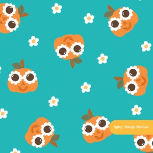Groovy Pumpkin Halloween Seamless Pattern in Teal