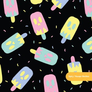 May include: A repeating pattern of pastel-colored popsicle illustrations with skull-shaped faces on a black background. The popsicles are pink, blue, and yellow with matching sticks. Small colorful sprinkles are scattered throughout the design.