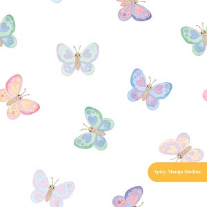 May include: A repeating pattern of watercolor butterflies in shades of pink, blue, purple, and green on a white background. Each butterfly features a small face and heart-shaped wing details. A yellow rectangular label displays the text Spicy Mango Studios.