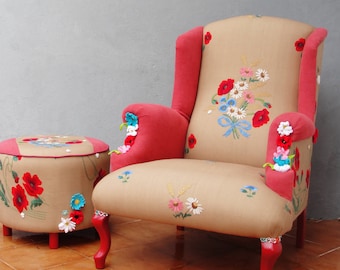Vintage bestickter Sessel & Ottomane: Boho Blumen Leinen Möbel