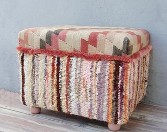 Pastel Kilim Ottoman, Bohemian Pouf, Kilim Pouf, Upcycled Knitted Fabric, Bohemian Wooden Furniture Vintage Kilim, Global Textile, Stripes