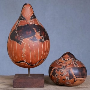 Vintage Carved Gourd Decorative Pieces from Peru, Peruvian Gourd, South American Native Art 1970s
