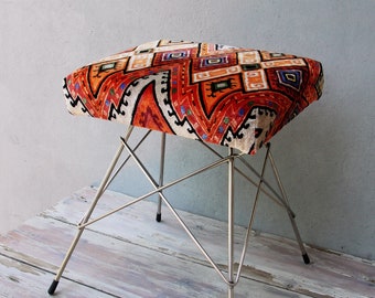 Mid-century Stool, Geometric Chair Embroidered Stool Pouf Art Deco Style Metal Furniture Vintage Embroidery