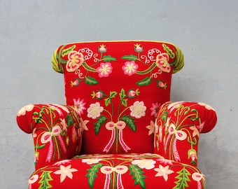 Vintage Gestickter Bergere Stuhl: Boho Blumen Sessel