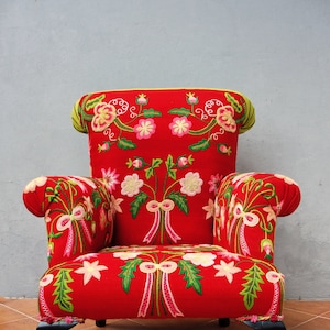 Floral Bergere Chair, Embroidered Armchair, Flowers and Bows, Bohemian Red Floral Furniture Vintage Embroidery, Global Textile