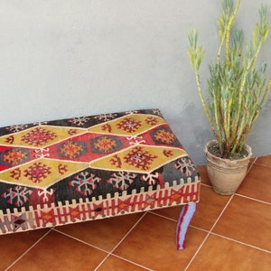 Kilim Ottoman Bench, Kilim Pouf Bohemian Wooden Furniture Vintage Kilim Hand woven, Global Textile, Statement Furniture