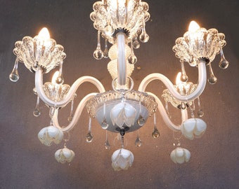 White Murano Chandelier Ceiling Light with Murano Flowers, Glass Drops and Glass details, Chandelier, 1970s, Vintage,  Lighting, Vintage