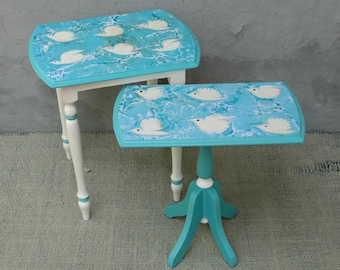 Seagulls Side tables, Two Coffee Tables, Nest Tables Set, Nautical Furniture, End tables with Marbled Art, Wooden Furniture, Turquoise White