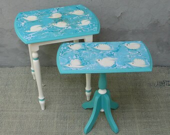 Seagulls Side tables, Two Coffee Tables, Nest Tables Set, Nautical Furniture, End tables with Marbled Art, Wooden Furniture, Turquoise White