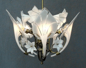 Murano Bouquet Lamp, Glass Floral Lamp, White Brass chandelier, Ceiling Light, Chandelier Lamp,  Vintage Handmade Glass Lamp 1960s