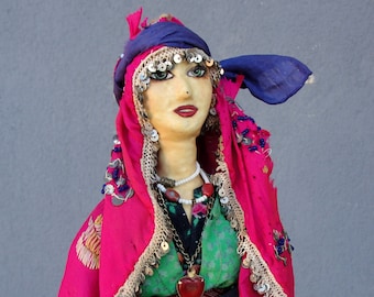 Turkish bridal Doll, Handmade Art Doll, Traditional folk Clothing, Turkish Hijab Bride, Hand embroidery, tatting, knitting and painted 1950s